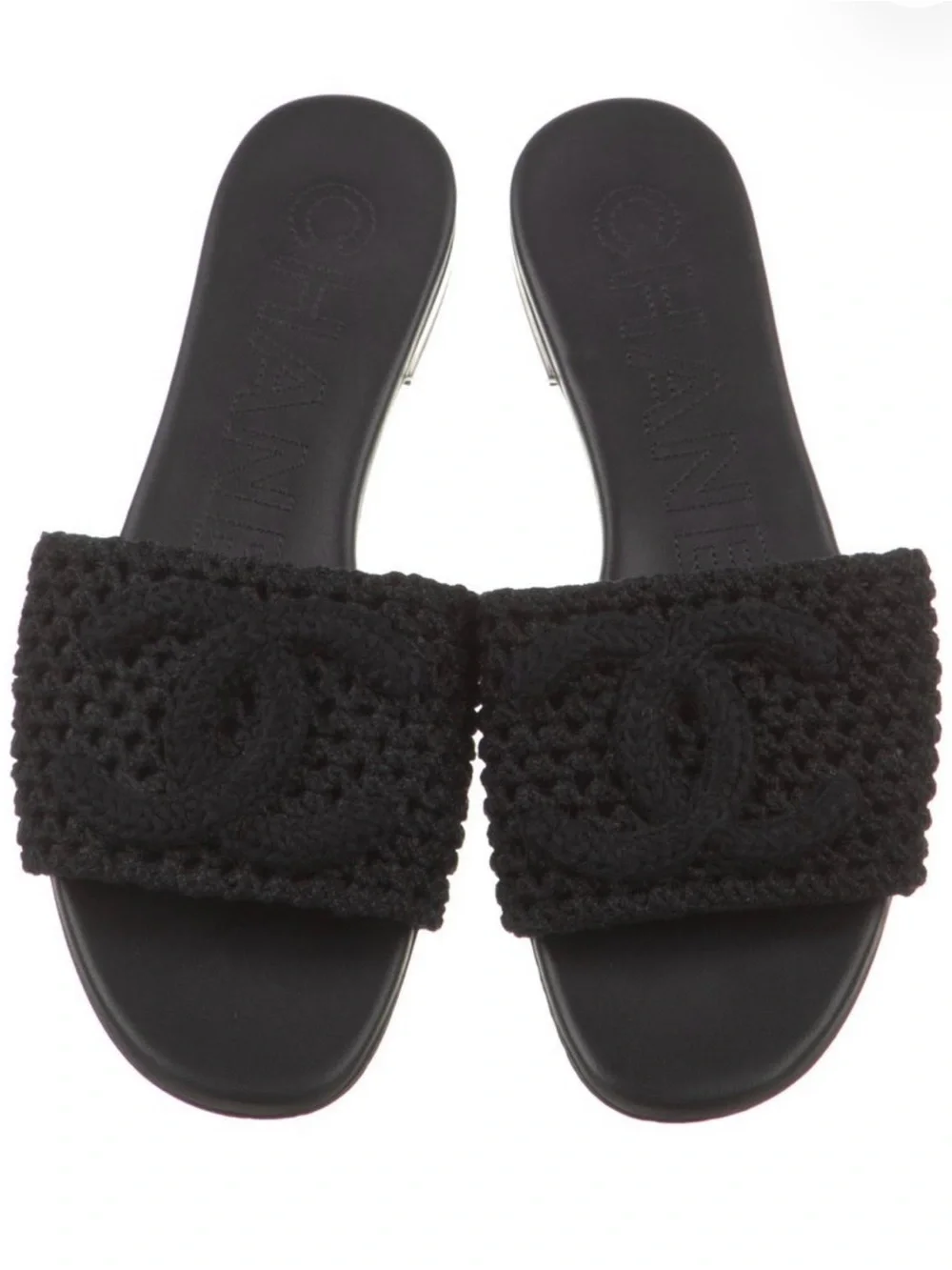 CHANEL Black Crochet Slide Mules with Interlocking CC